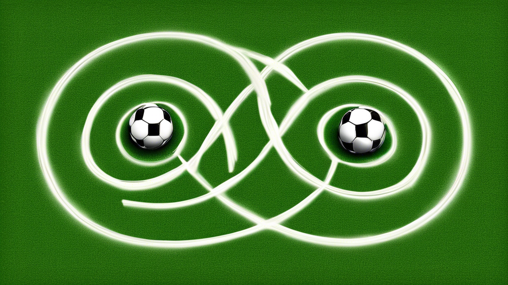 An abstract illustration of the parallel between the game of soccer and the game of life, represented by two entwined soccer balls on a field that resemble