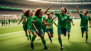 A group of diverse soccer players in their uniforms celebrating a goal on a green field in a modern stadium with cheering fans in the background.