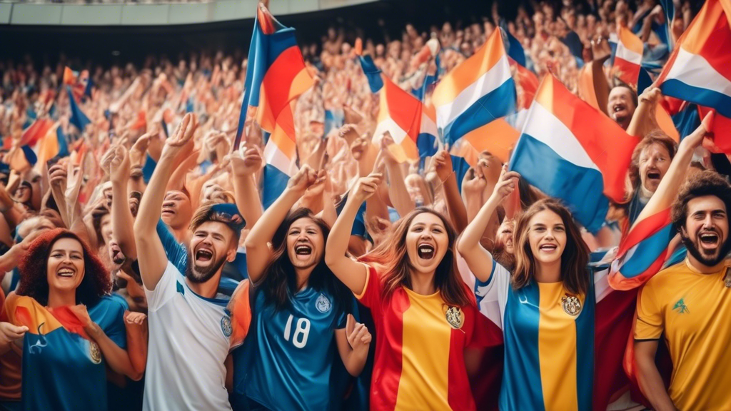 A photo of a group of passionate fans cheering for their favorite soccer team while waving flags and wearing team jerseys.