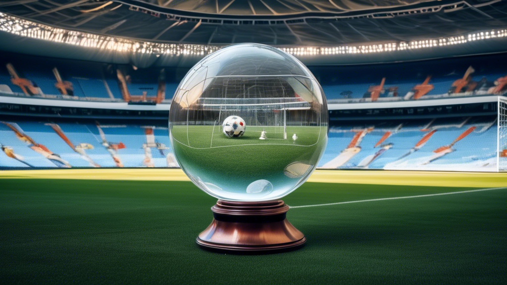 A crystal ball predicting the outcome of today's soccer match, with the ball displaying the final score and the logos of the two teams involved.