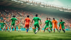 An exciting and dynamic football match on a green field, with players in colorful uniforms engaged in intense competition and fans cheering from the stands